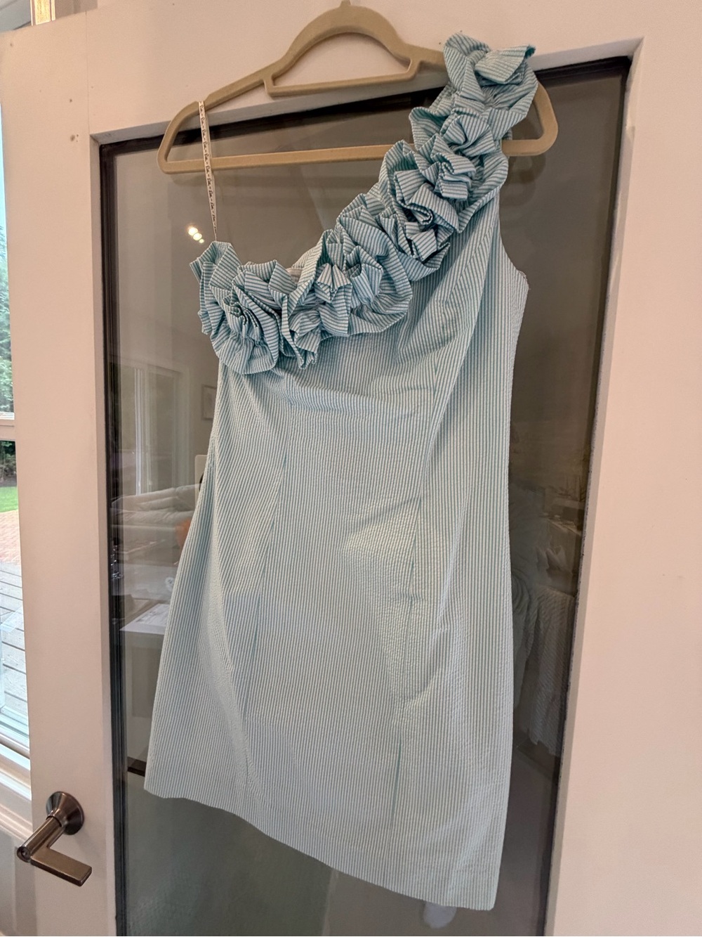 Lilly Pulitzer One-Shoulder Light Blue Seersucker Ruffle Dress